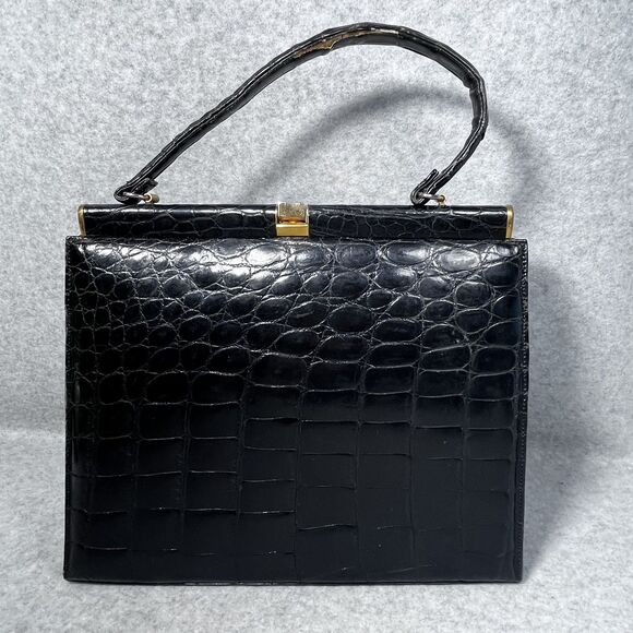 Vintage Crocodile Embossed Leather Top Handle Bag Womens Purse 60s Retro USA‎ - Picture 2 of 16